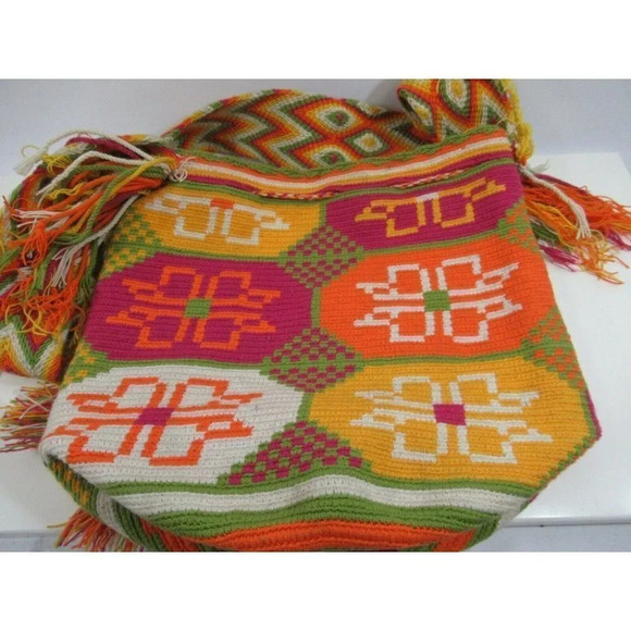 Wayúu Mochila Bag Purse Floral Woven Orange Pink Bucket Shoulder Straps Colombia - Picture 8 of 9